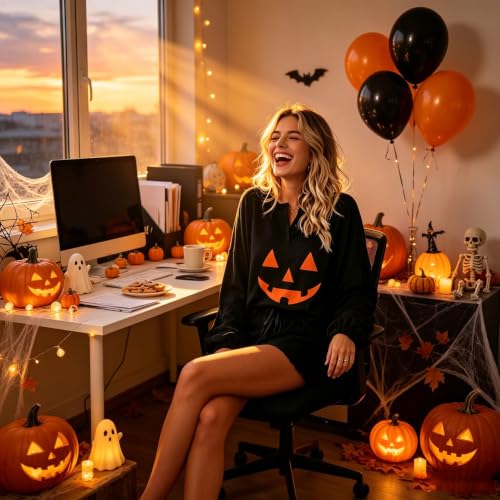 Image of Roshop Halloween Pajama Women's Pumpkin Matching Top & Shorts Loungewear Set