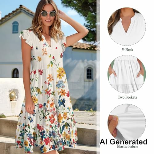 Image of Womens Summer Dress Ruffle Sleeve V Neck Dress Casual Fit Flowy Beach Vacation Sundress with Pocket S-2XL