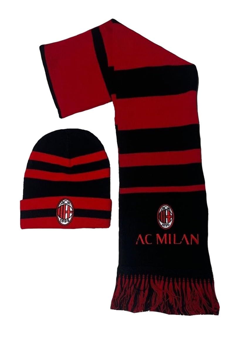 Set Milan Ufficiale – Sciarpa + Cuffia Berretto Cappellino Invernale Rossonero | Kit Tifoso Milan Ricamato in Acrilico – SETMINENEROS