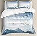 Ambesonne Mountain Duvet Cover Set, Foggy Scenic Morning in Rock Mountain Region in Northern Hiking Climbing Ice Photo, Decorative 3 Piece Bedding Set with 2 Pillow Shams, King Size, Pale Blue