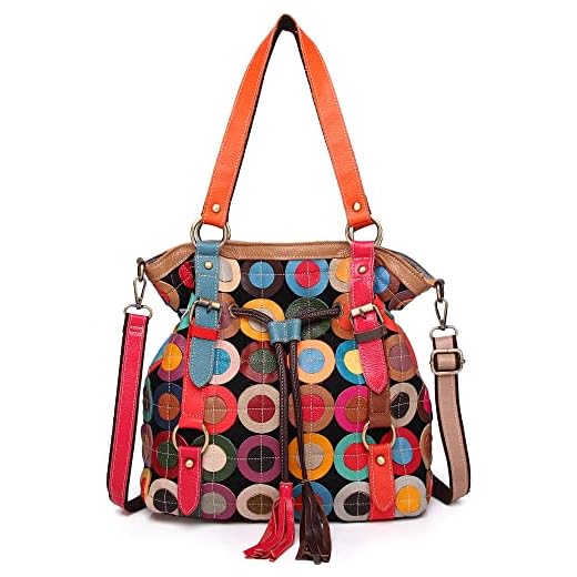 Segater Borsa a tracolla da donna multicolore Borsetta Borsa in vera pelle Borsa con manico superiore con giunzione a cerchio colorato casuale Borsa Shopper con nappe da lavoro