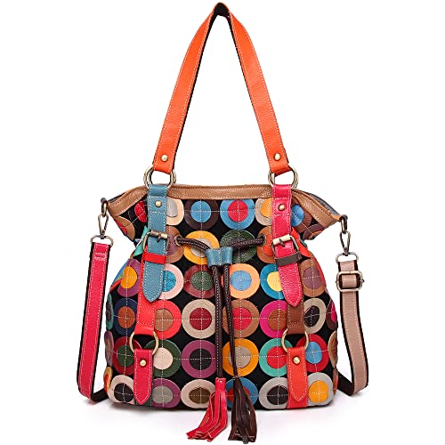 Women Multicolor Shoulder Handbag Leather Purse Circle Splicing Tassel Satchel