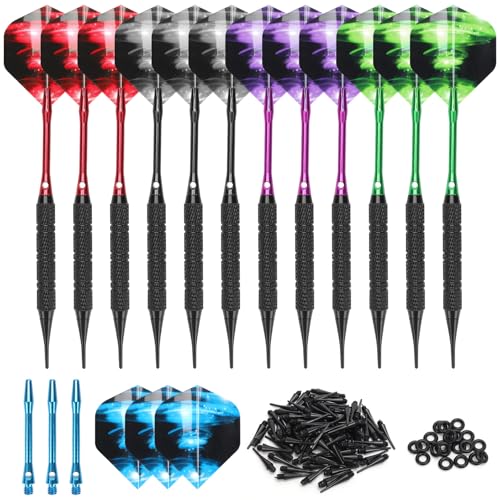 LYCXAMES Dartpfeile mit Kunststoffspitze für Elektronische Dartscheibe, 12 Stück Soft Darts Pfeile Set, 18 Gramm Profi Softdarts Dartpfeil mit 100 Kunststoff Dartspitzen und 20 Anti Lose Gummiringe