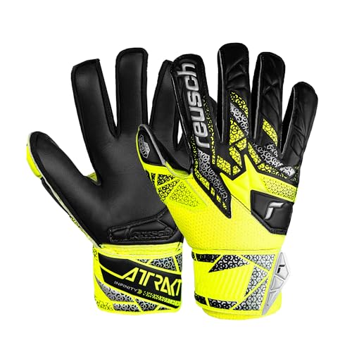Reusch Attract Infinity Finger Support Junior Goalie Gloves, Soccer Goalkeeper Gloves with Finger Protection, Breathable Durable, for Artificial Grass & Hard Surfaces, Kids Youth Size 6 Black & Yellow