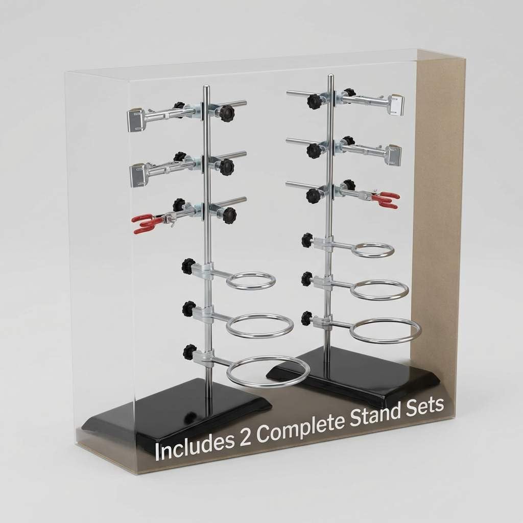 QWORK Set di 2 supporti in metallo per laboratorio, con morsetto in ferro, morsetto per fiaschetta e supporto per condensatore