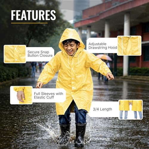 Image of Robustt Kids Eva Raincoat for Boys & Girls (8-16 Years) with Full Sleeves with Elastic Cuff | Unisex Hooded Kids Rain Coat with Drawstring | Reusable Raincoat with Snap Button Closure | Knee Length