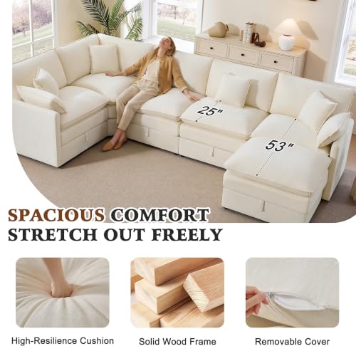Image of Ihanherry Oversized Modular Sectional Sofa with Storag, 6-Seater V Shaped Cloud Couch with Movable Ottomans, Chenille Deep Seat Corner Couches for Living Room (Beige)