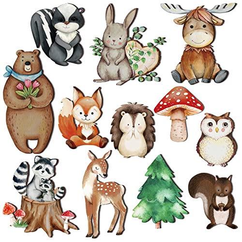 Feekoon 12 Pcs Wooden Animal Cutout Shapes Forest Painted Woodland Decorations Animals Wood Table Centerpieces Woodland Creature Decor for Craft Party Supplies Birthday Favors Cake Decor