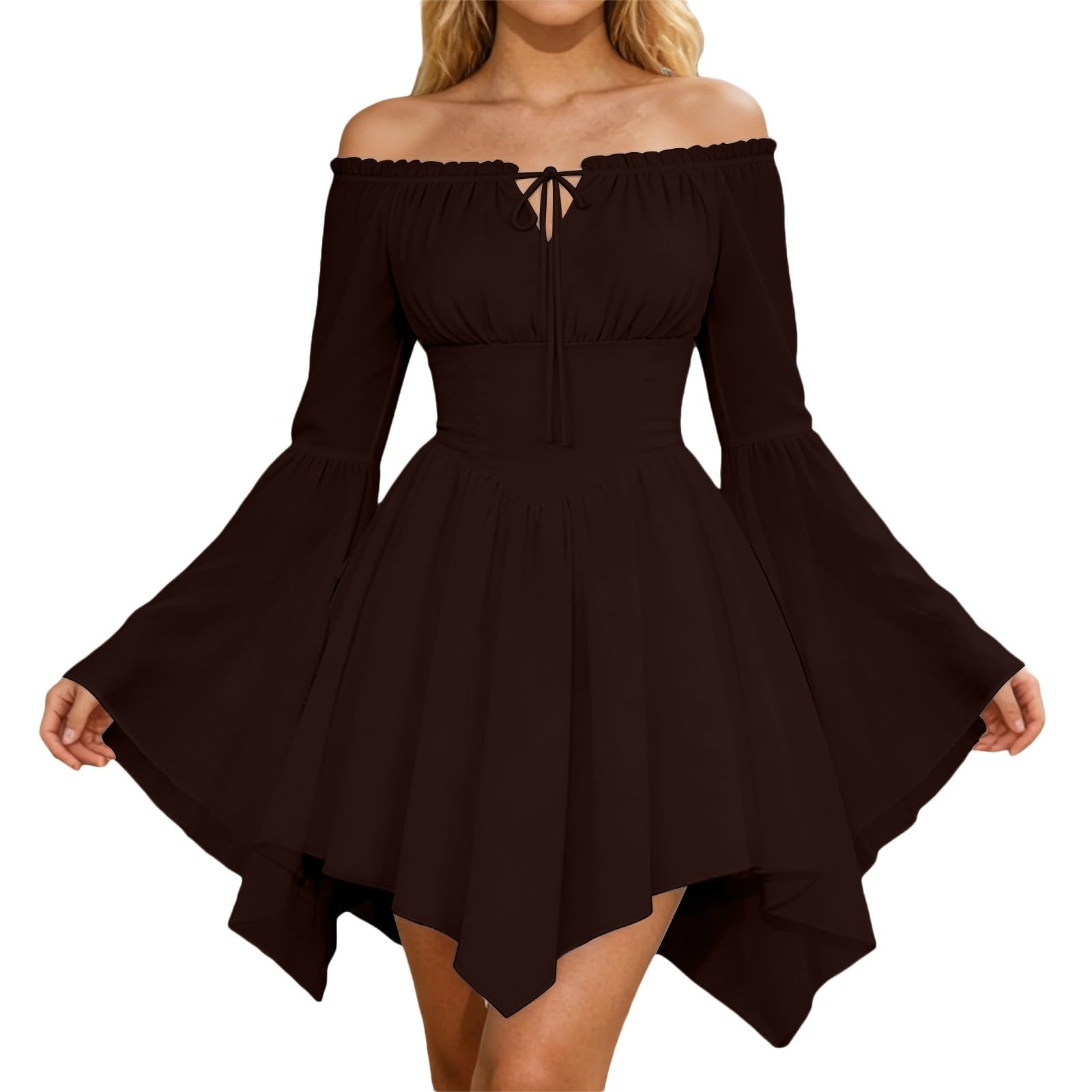 White Pirate Dress for Women, Off Shoulder Ruffle Mini Dress with Puff Sleeves, Smocked Bodice A Line Romper Jumpsuit with Elastic Waist, Pirate Dress for Halloween Cosplay Party — image 1