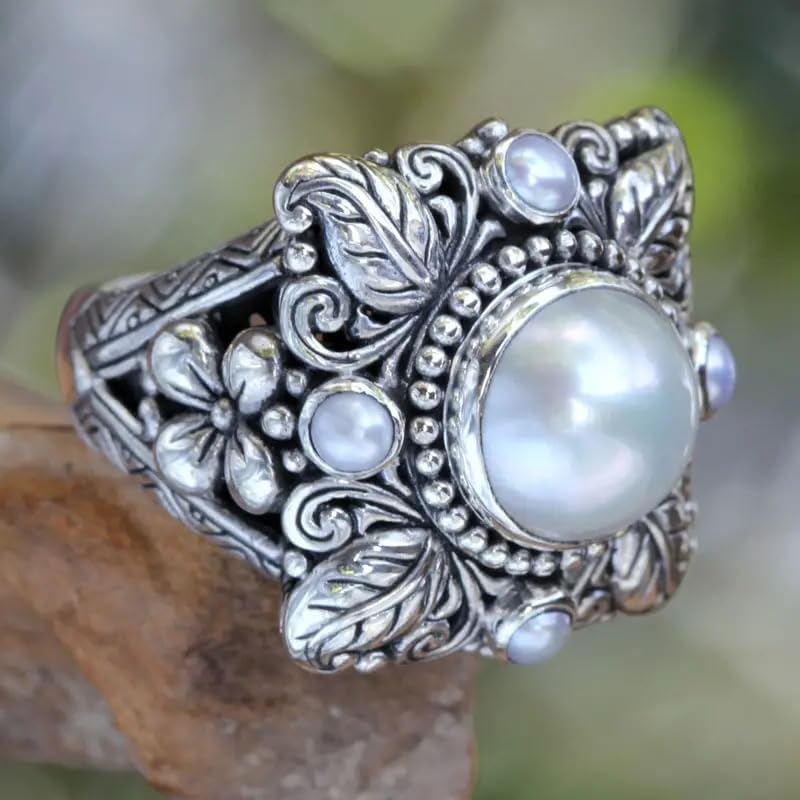 925 Sterling Silver Luxury Imitation Pearl Ring Natural Freshwater White Pearl Vintage Tree Leaf Flower Surrounding Ring CZ Wedding and Engagement Ring Jewelry-Making-Patterns Size 9