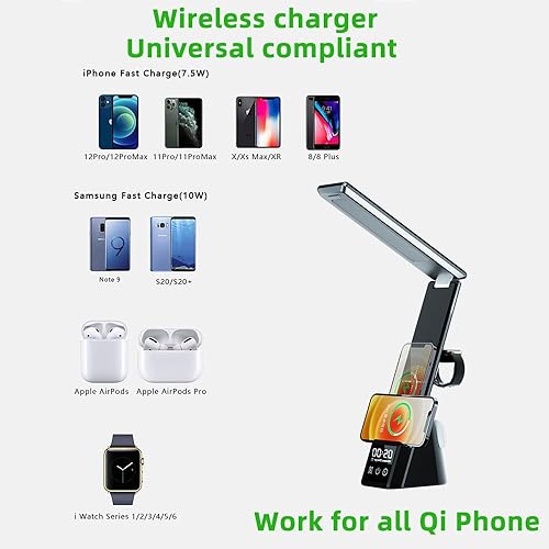 Miniatura 4 de IHAO Lámpara de escritorio LED plegable multifuncional 6 en 1 con cargador inalámbrico, despertador digital, iluminación para el cuidado de los