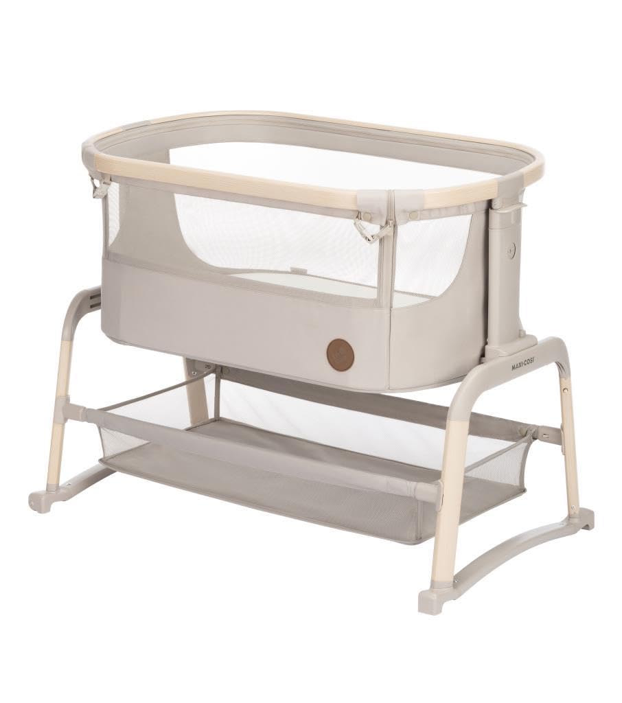 Maxi-Cosi Iora Air Lettino neonato, lettino co-sleeping con materasso imbottito, funzione dondolo, regolabile in altezza, reclinabile,tessuti riciclati ecologici e traspiranti, 0-9 kg, Beige
