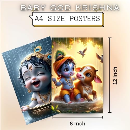 Image of Posters Inc Set of 12 Bal Krishna Stickers - Bal Gopal Cute Baby Posters for Pregnant Women, Kanha Ji HD Print on 300 GSM A4 (8x12 Inch) with Glue Dots, God Posters for Wall Decor, Living Room, Bedroom