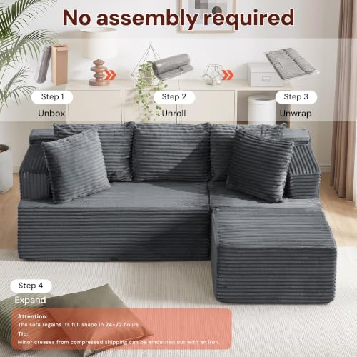 Image of Korser Boneless Couches for Living Room, Cloud Couch Sectional with Ottoman, L-Shaped Sofa with Fluffy Comfy Corduroy Deep Seat, Bedroom, Apartment, No Assembly Required