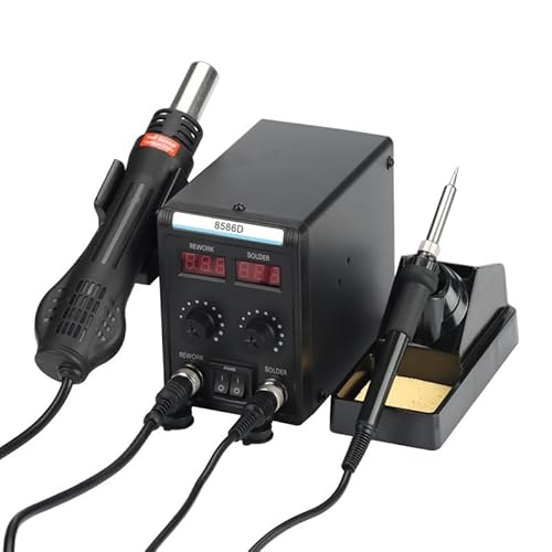 Helanzer 2 In 1 Soldering Station, 700W SMD Hot Air Rework Station, LCD Digital Display, Electric Soldering Iron with Tin Absorber, Tin Wire, Air Nozzles, Tweezers, etc (Single Screen)