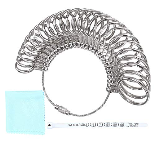 Landorilo Size 1-13 Stainless Steel Ring Sizer Set Finger Sizeing Gauge Measure Tool with 27 Pieces, Jewelry Polishing Cloth