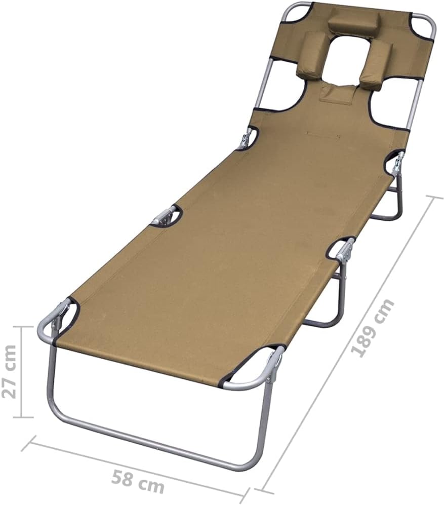 Folding Sun Lounger, Lounge Chair with Steel Frame,for Beach, Yard, Pool and Patio, with Canopy Steel Gray (Taupe+Head Cushion 74.4" x 22.8" x 10.6" (L x W x H))