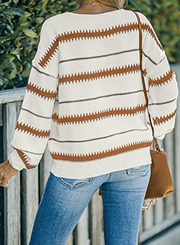 Dokotoo Color Block Sweaters Striped Crewneck Fall Sweaters For Women 2023 Long Sleeve Knitted Sweater Pullover Tops Brown Small #TOP1