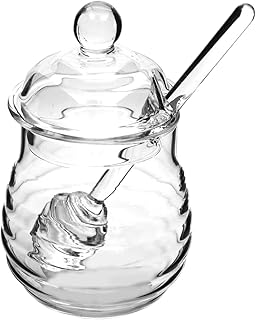 Amosfun 250ml honey pot jar and dipper set glass dippers mini jars spoon with container dispenser- Glass Honey Pot Set Transparent Clear Heat Resistant Jam