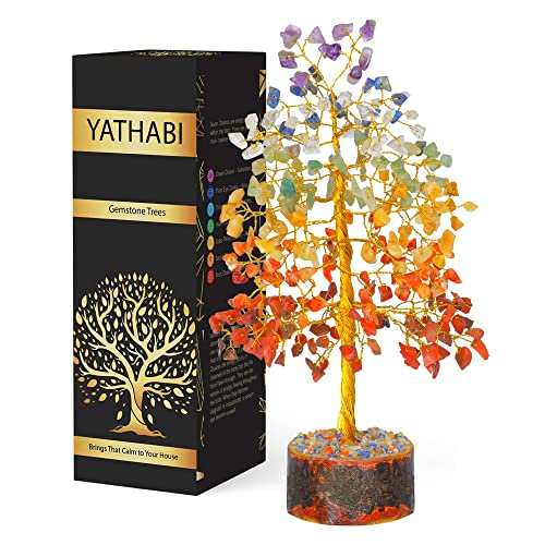 YATHABI Árbol de Siete Chakras, Piedras Preciosas Naturales curativas, Feng Shui, Dinero, bonsái, decoración del hogar, Prosperidad, Limpieza para Riqueza y Suerte, Alambre Dorado, tamaño 10 Pulgadas