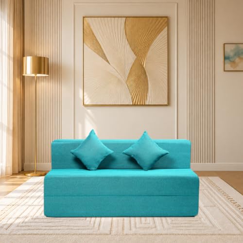 Image of Seventh Heaven Rejioce 3 Seater 5 * 6 Jute Fabric Washable Cover Sofa Cum Bed with 2 Cushions 3 Seater Double Foam Fold Out Sofa Cum Bed (Finish Color - Blue Delivery Condition - Pre-Assembled)