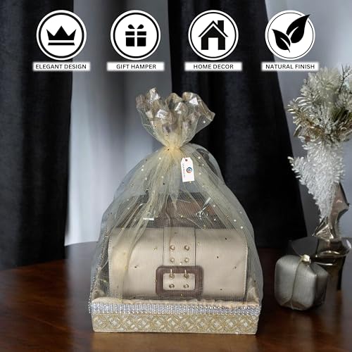 Image of (Small, 8x8x2 inch, Square, Beige-Stone Lace) MDF Base Designer Gift Hamper Packaging Baskets with Net Cover, Gift Hamper Organiser Perfect for Any Occasion