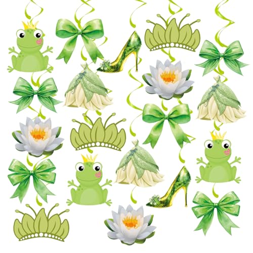 Image of 20Pcs Princess and Frog Hanging Swirls, Princess Coquette Bow Hanging Decor Whirl, Green Frog Birthday Party Ceiling Streamers for Frog Princess Party, Princess Baby Shower, Garden Birthday Decoration