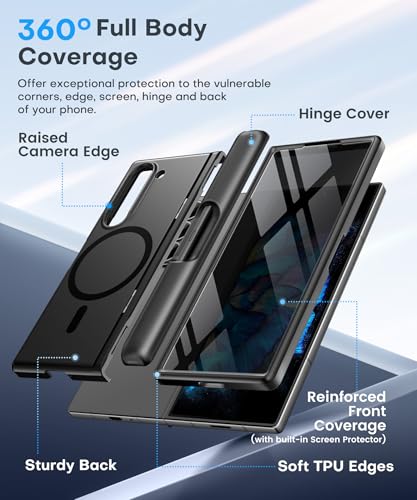 Image of BERFY for Z Fold 6 Case with Screen Protector, [Compatible with MagSafe] Built-in Kickstand & S Pen Slot & Hinge Protection, Full Body Shockproof Phone Case for Samsung Galaxy Z Fold 6, Ebony Stylus