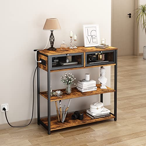 Soowery Console Table With Charging Station, 32'' Entryway Table With Doors, Sofa Table Narrow Long With 3 Tiers Open Wood Storage Shelves, For Living Room, Entryway, Foyer, Brown #TOP6