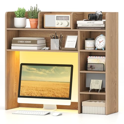 Image of Tangkula Desktop Bookshelf with LED Lights, Desk Hutch with 8 Shelves for Max 25 inch Monitor, Desktop 5-Tier Display Rack, Multipurpose Wood Desktop Storage Hutch Organizer for Dorm Office Home (Natural)