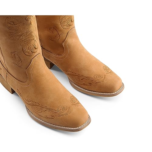 Image of DREAM PAIRS Women's Square Toe Cowboy Cowgirl Boots Pull On Low Chunky Heel Mid Calf Western Boots with Embroidered Stitched for Theme Party Country Concert