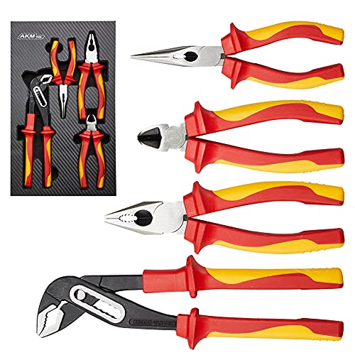 AKM 4Pcs VDE Insulated Pliers Set,W/ 9.8"Tongue&Groove Pliers,6.3"Diagonal Cutting Pliers, 6.3"Long Nose Pliers,7.9"Linesman Pliers | 1000V Insulated