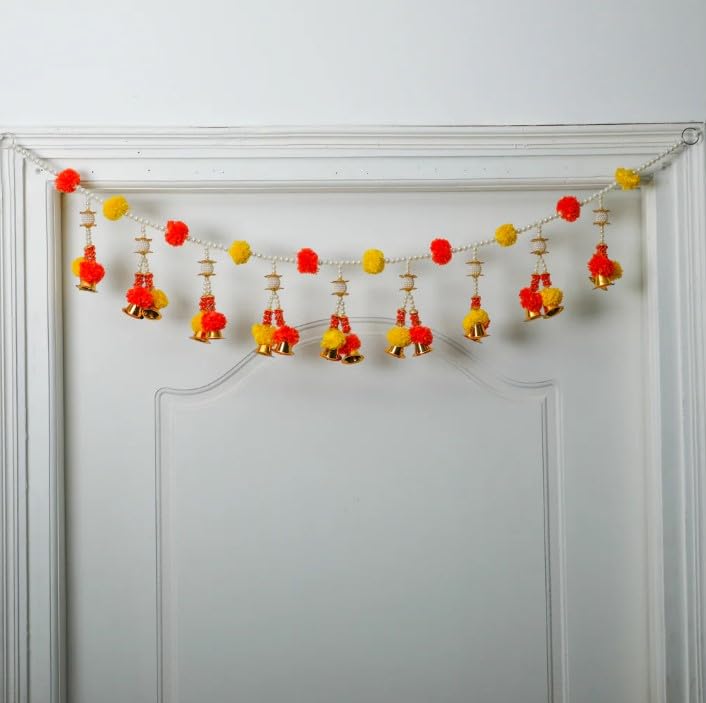 Image of Toran with Hanging Bells - Decorative Maharani Door Hanging with Artificial Pearls, Marigold Flowers for Diwali, Pooja, Weddings, and Housewarming