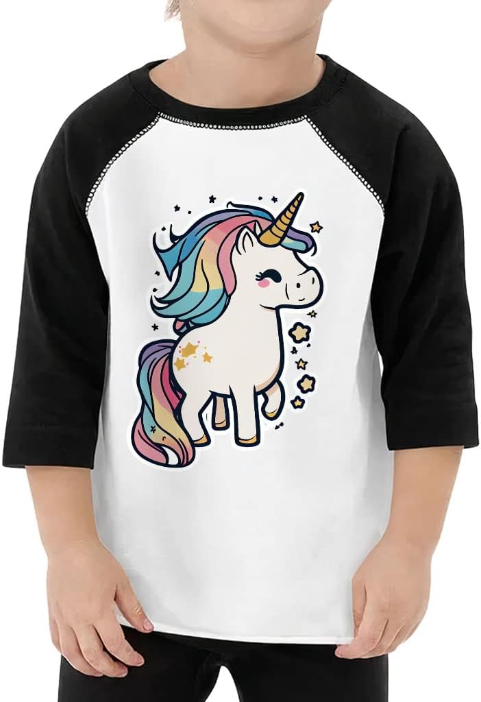 Unicorn Print Toddler Baseball T-Shirt - Funny 3/4 Sleeve T-Shirt - Cute Kids' Baseball Tee