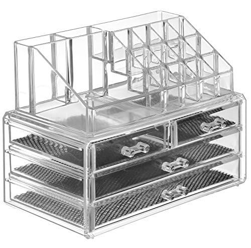 Feinerman Transparent Makeup Organizer Box with 4 Drawers & 16 Compartments, Acrylic Cosmetic Storage Display Case, Jewelry Holder, Nail Polish & Lipstick Storage Stand