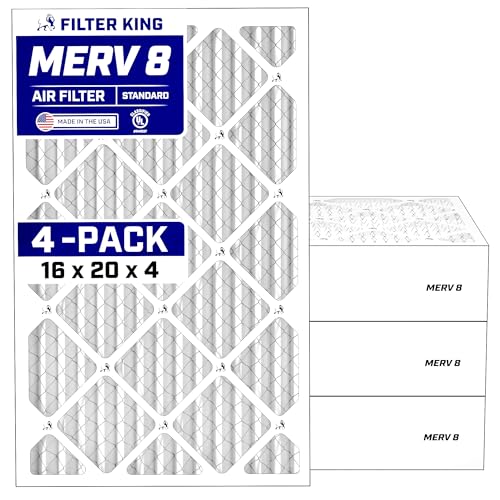 Filter King 16x20x4 Air Filter (MERV 8) (4-Pack) Dust & Allergy Control AC Furnace Filters, MADE IN USA, HVAC, Pleated, Electrostatic (Actual Size: 15.5 x 19.5 x 3.75)