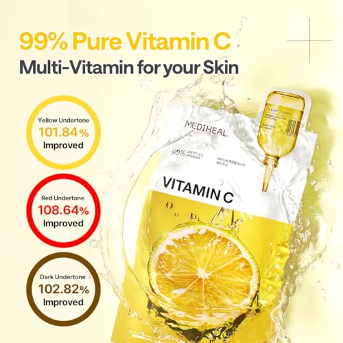 Image of MEDIHEAL Vitamin C Essential Mask (10 Sheets) Brightening Korean Sheet Mask for Dark Spots, Uneven Skin Tone, Glow Boost, Hydrating Radiance Boosting K-Beauty Facial Mask for Smooth Skin