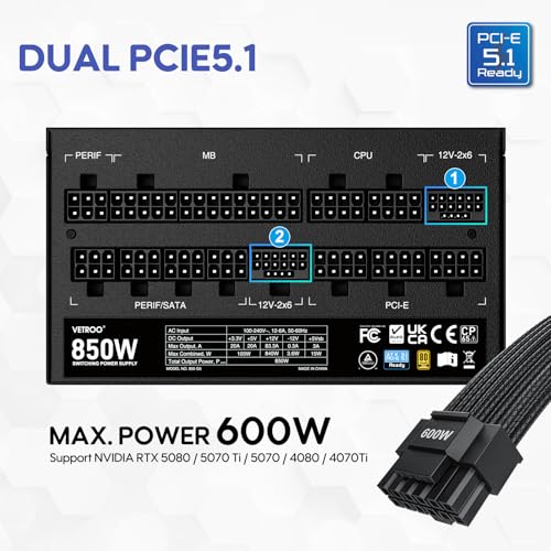 Image of Vetroo 850W Power Supply Dual PCIe 5.1 ATX 3.1 Ready, 80 Plus Gold Full Modular, Quiet Operation with 120mm FDB Fan, 10-Year Warranty - Black