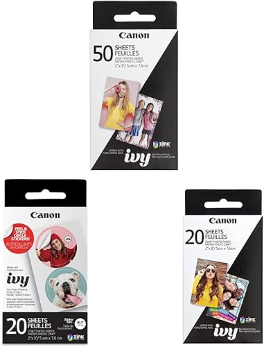 Canon ZINK - Paquete de papel fotográfico, 50 hojas y papel adhesivo circular precortado IVY ZINK, 20 hojas y paquete de papel fotográfico Zink, 20