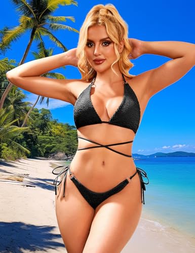 Image of Women Bikini Set Metal Ring Two Piece Swimsuit | Various Wear Way,High Elasticity Breathable Fabric,Cross Strap Design Bathing Suit Swimwear