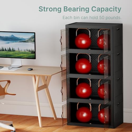 Image of UAMFURI 448QT Lockable Storage Bins with Lids - Stackable Storage Cabinet with Doors and Wheels, Collapsible Plastic Organizer and Containers for Closets, Office, 4 Pack Cubes