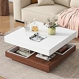 Merax 27.5' Square 360°Rotating Wooden Coffee Table with 3 Detachable Tray,2-Tier,Farmhouse Modern Centertable with Storage