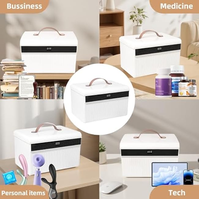 Portable Lockable Storage Box with Handle ¨C Secure Organizer Case for Home, Office, or Travel ¨C Durable Plastic Construction with Combination Lock, Elegant White Design 11 * 8.6 * 7inch