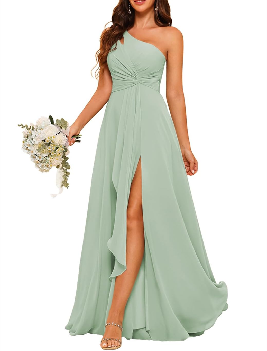 HPPEE Vestido de dama de honor de gasa de un hombro con plisado largo una línea de vestido de graduación para mujer WYX476