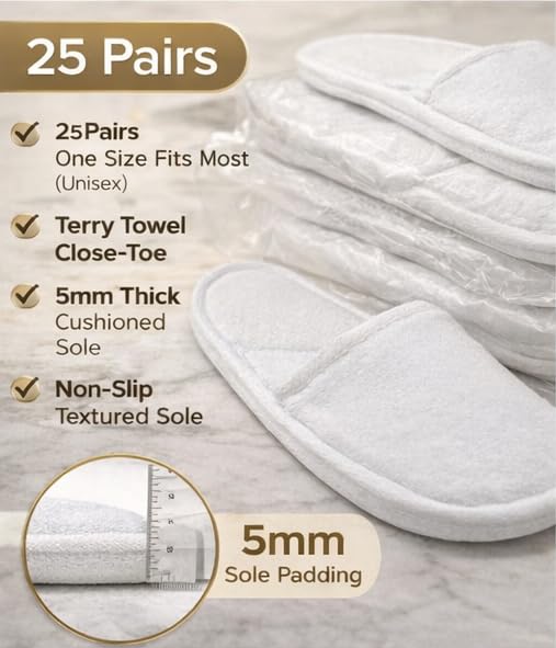 Image of 25 Pairs Hotel Guest Room Slippers - Terry Towel Close-Toe, 5MM Sole, Free Size (Unisex, White) | Disposable Hotel Accessories & Travel Kit Essentials
