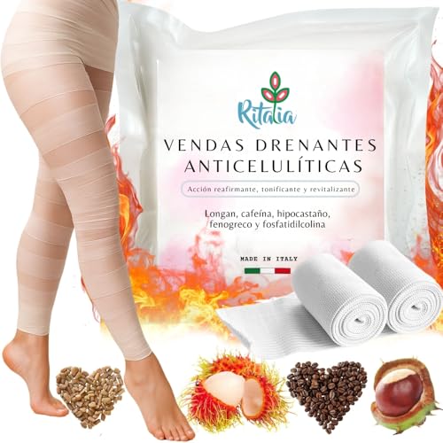Ritalia® VENDAS FRIAS piernas acción DRENANTES REDUCTORAS Y REAFIRMANTE activos 100% VEGANOS - 2 vendajes extra largos para celulitis gluteos abdomen y caderas