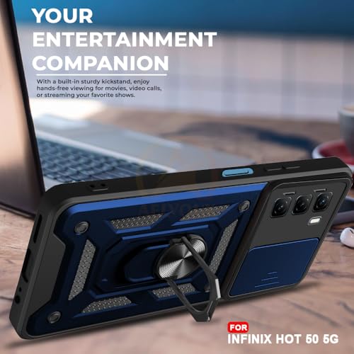 Image of Armor Bumper Back Cover Case for Infinix Hot 50 5G | Rotating Camera Cover, Ring Holder & Kickstand | Heavy Duty & 360 Degree Protection Infinix Hot 50 5G Back Cover (Blue)