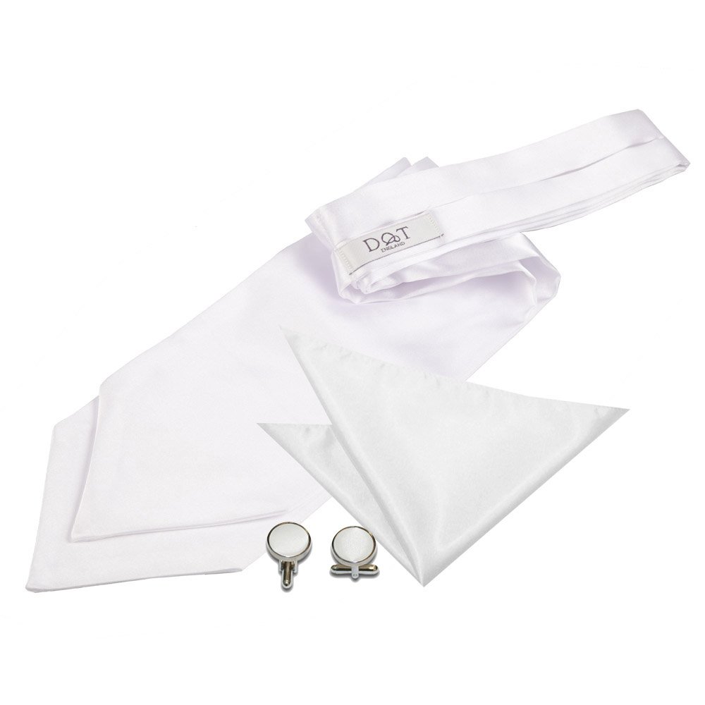 DQT Mens Plain Satin Cravat Ascot Tie & Pocket Square Set with Cufflinks – Wedding Business & Formal - White (Self-Tied)