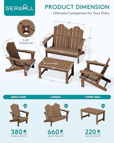 Image of SERWALL 4-Pc HDPE Adirondack Set, 2 Chairs, 1 Bench & 1 Coffee Table, Brown