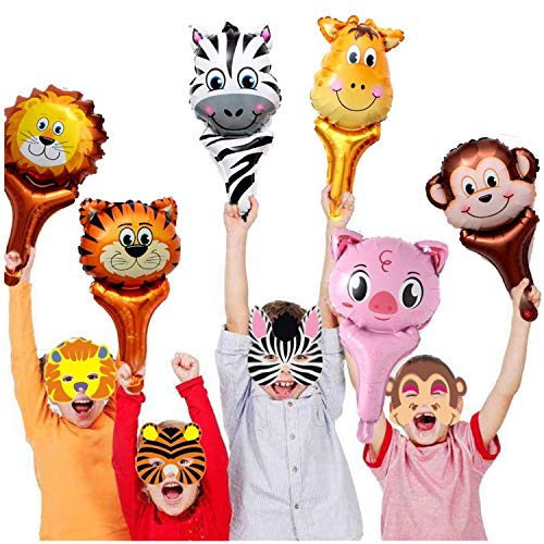 GuassLee Ensemble de fête thème Animalier Jungle Safari - 12pcs Poignées Ballons pour Animaux de la Jungle, 6pcs Masques pour Animaux SafarFoam pour Enfants